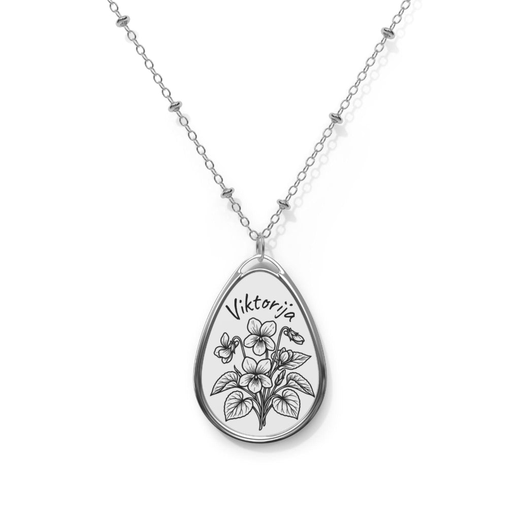 Teardrop - shaped pendant with Violet Floral design on a chain against a white background. Personalized name