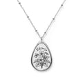 Teardrop - shaped pendant with Violet Floral design on a chain against a white background. Personalized name