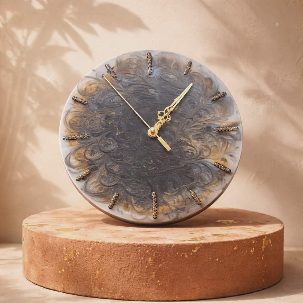 25cm epoxy resin wall clock with natural stone, angled view