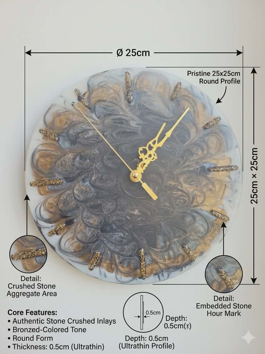 Decorative wall clock with stone aggregate design and measurements on a white background