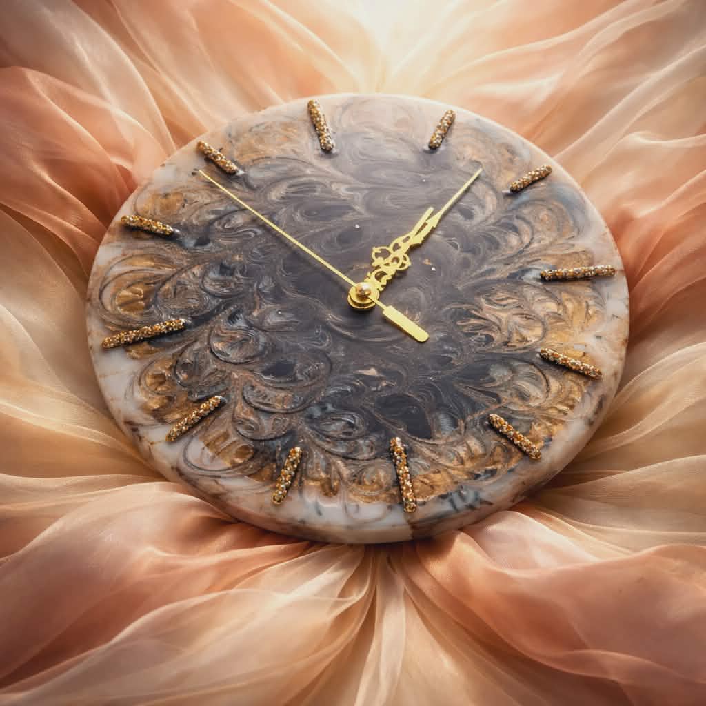 Handmade resin wall clock with stone inlays, side view