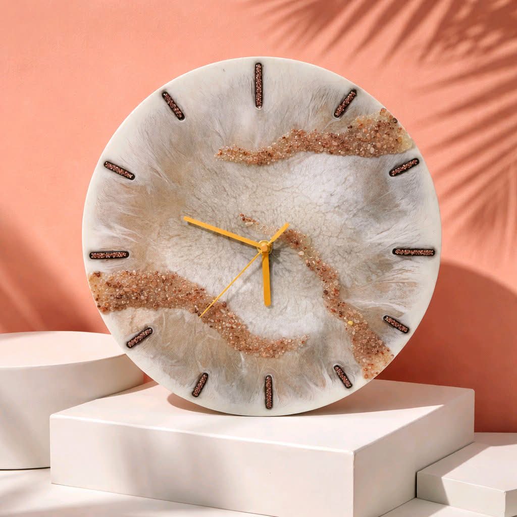 Decorative wall clock with a unique design on a pink background