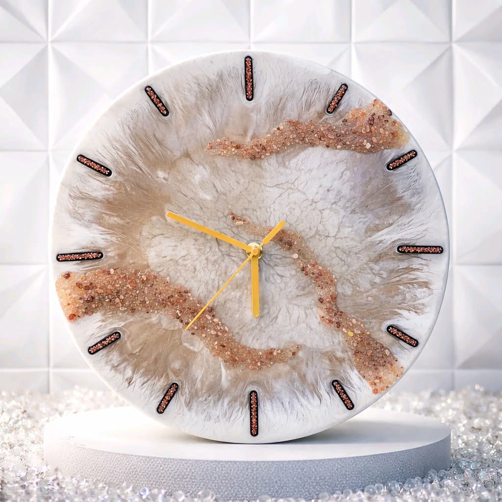 Epoxy resin wall clock white gold 37cm, angled view