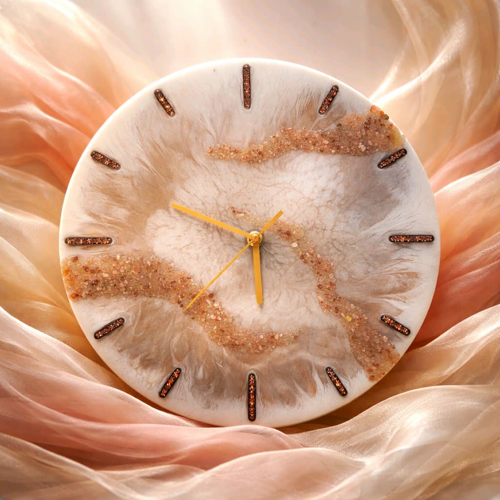 Decorative clock with a marble-like design on a soft, flowing fabric background