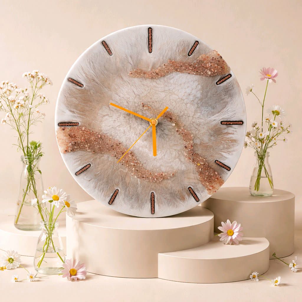 Decorative wall clock with marble-like design and orange hands, surrounded by small vases with flowers on a beige background.