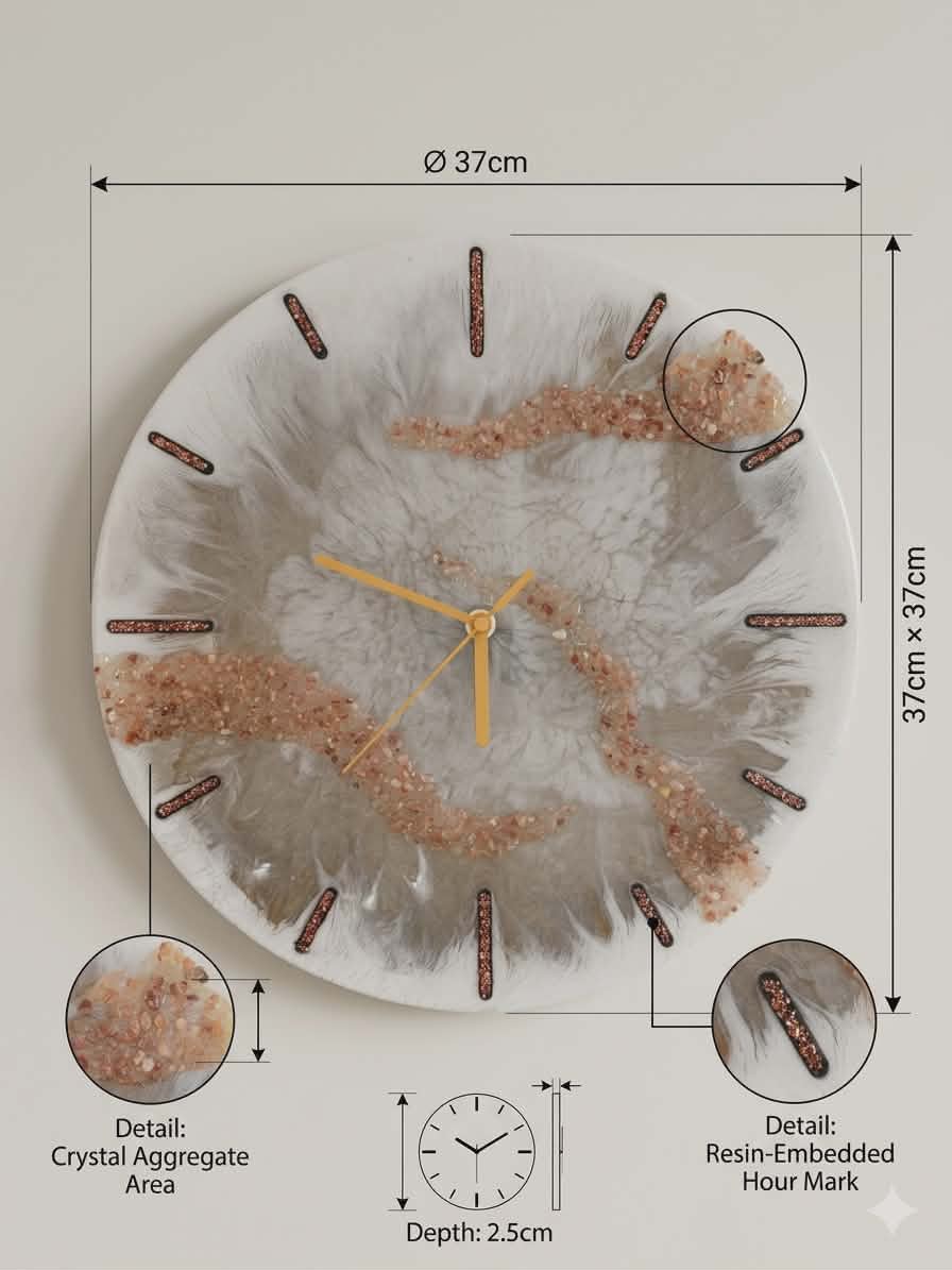 Decorative wall clock with crystal aggregate design and measurements on a light background