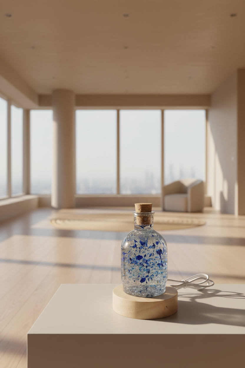 Decorative bottle with cork stopper and wooden base on a white surface