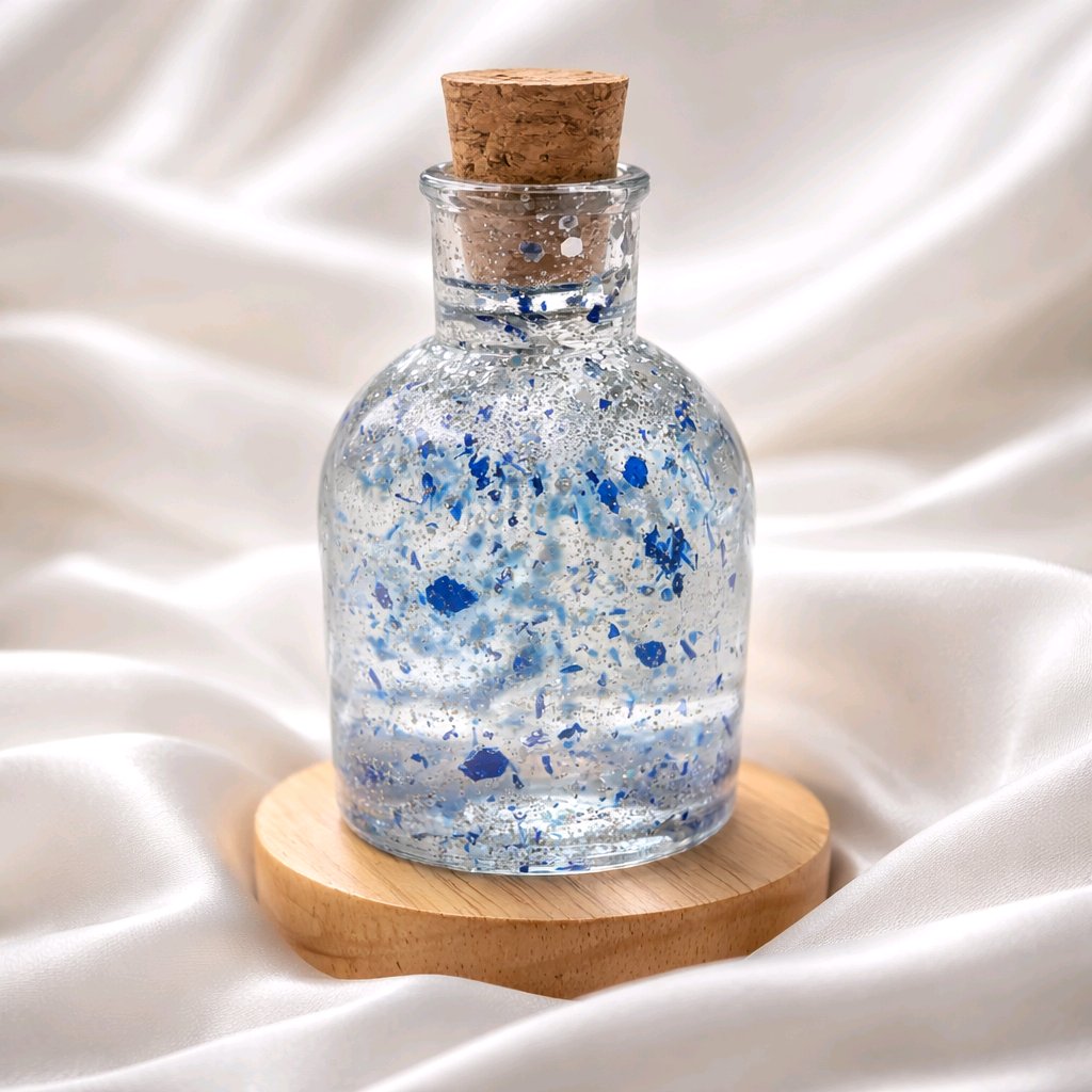 Glass bottle with cork lid containing blue and silver speckled contents on a wooden coaster with a white fabric background