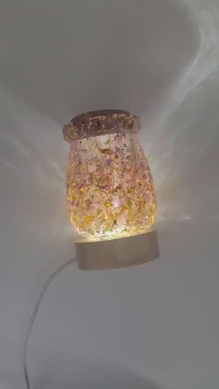 Handmade Epoxy Resin Night Light Jar | Glitter & Foil | USB Powered Wood Base
