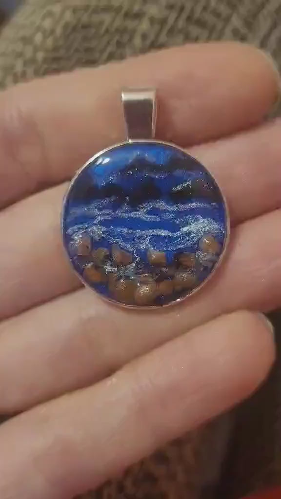 Real video with product, Handcrafted ocean pendant cabochon with himalayan stones.