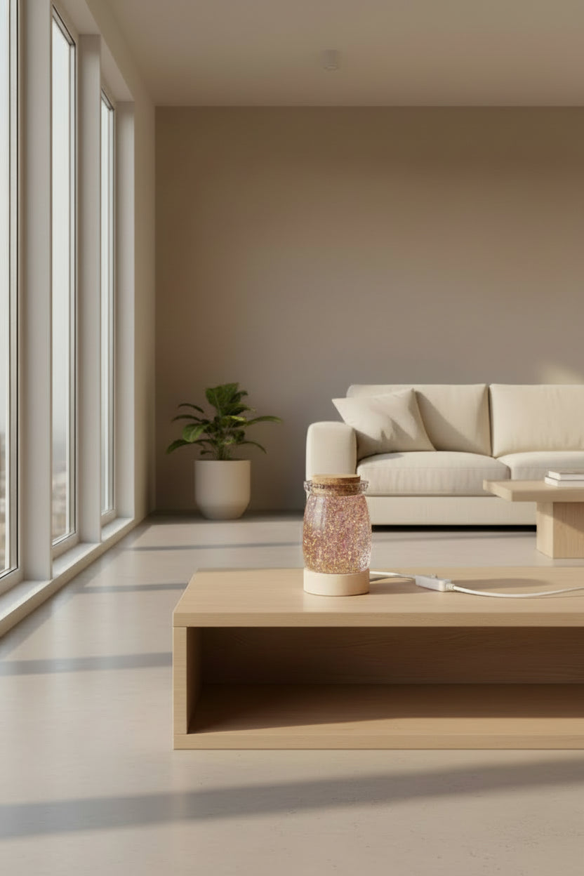 Small glass jar with cork lid containing glittery contents on a white background