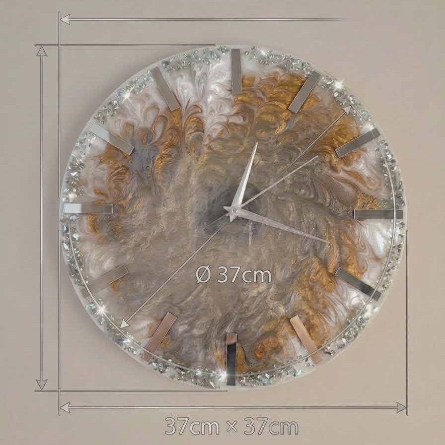 Decorative wall clock with floral design and measurements on a beige background