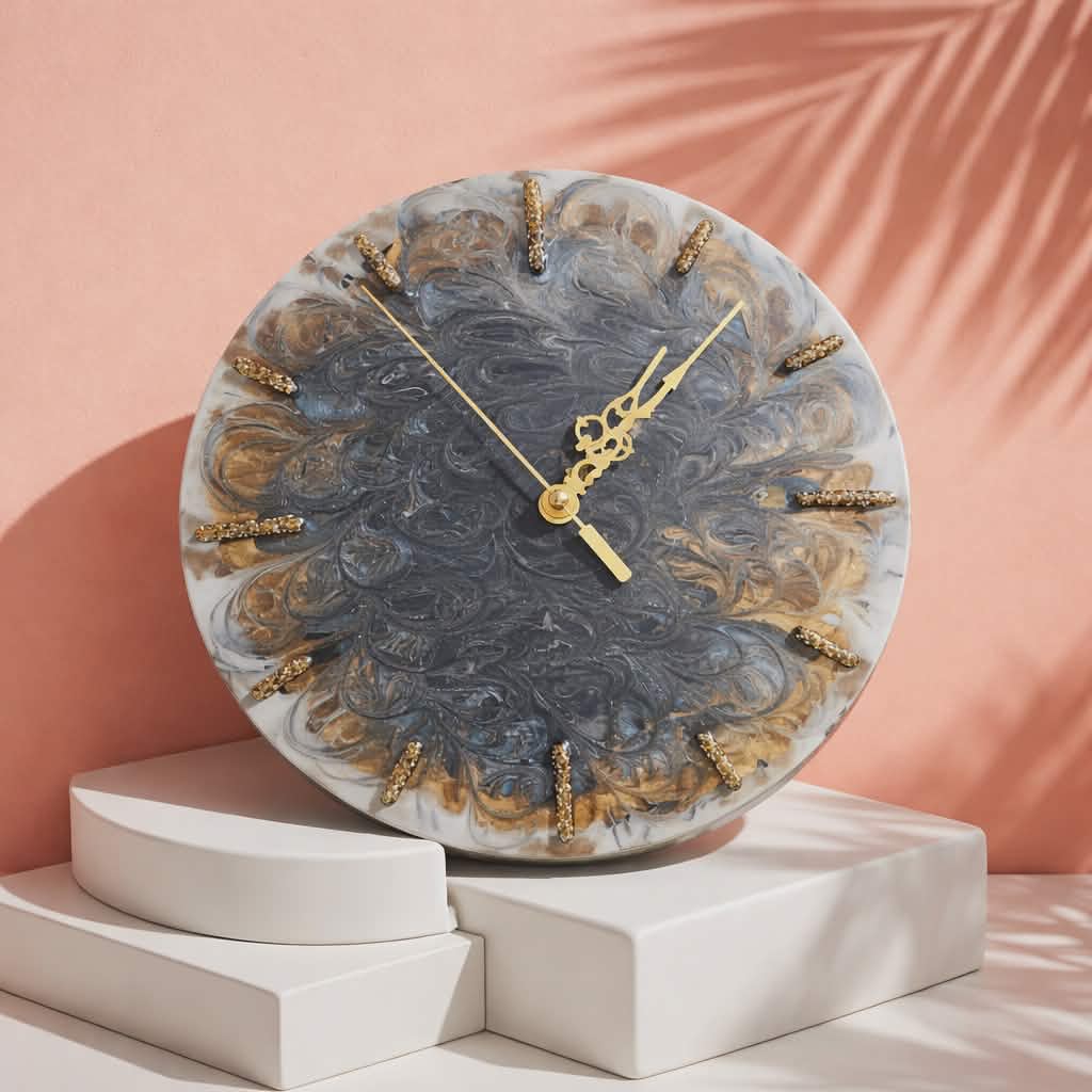 Epoxy resin decorative wall clock with stone aggregate, detail shot